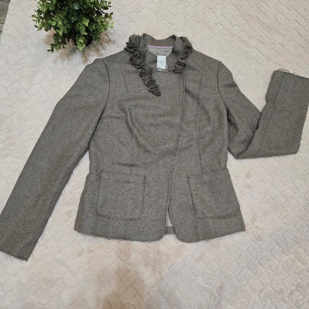 Banana Republic Womens Gray Herringbone Ruffle Collar Blazer